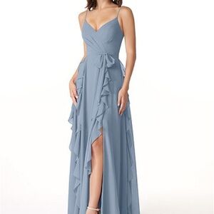 Azazie Blue Ruffled Wrap Gown for Wedding Guest